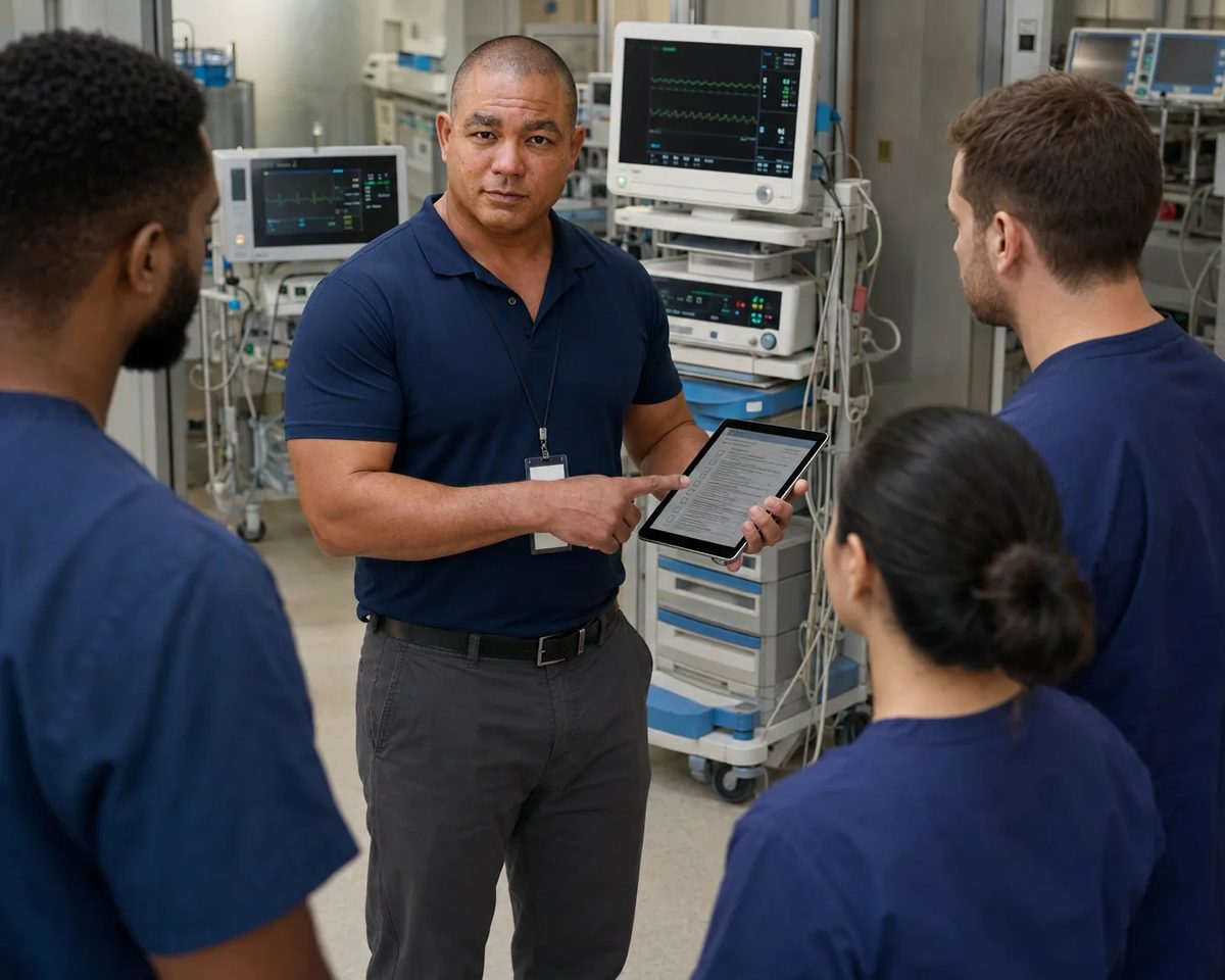Biomedical equipment technician holding a tablet briefing three clinical staff on rounds among ICU monitors and ventilators