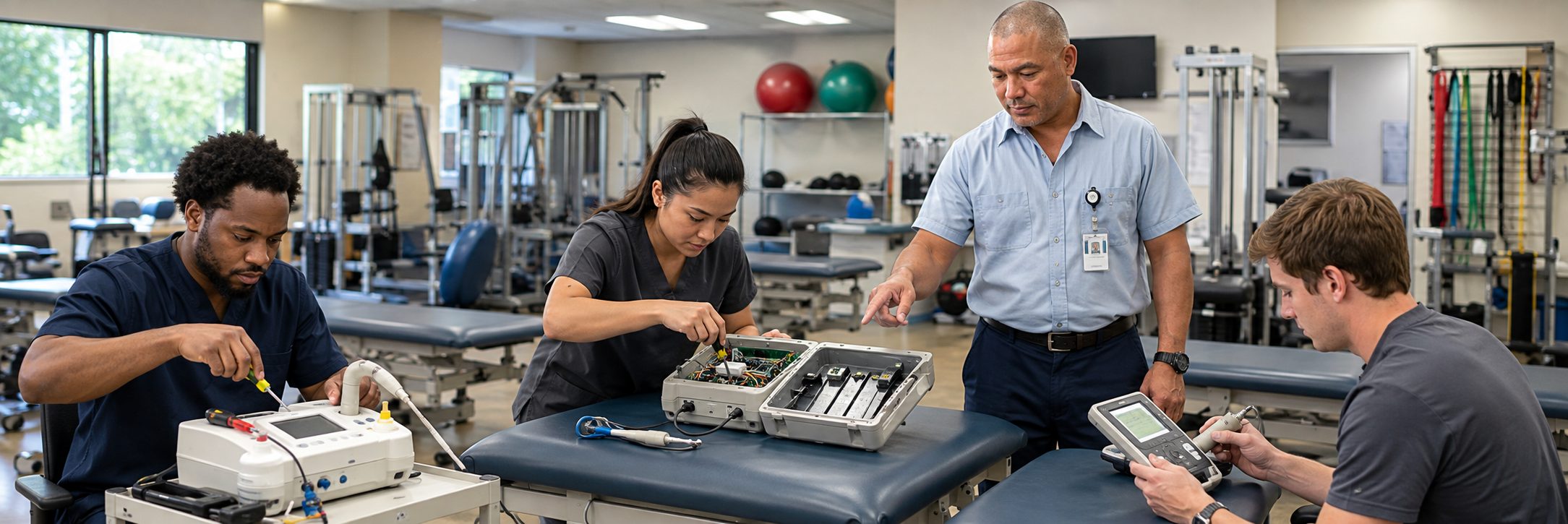 Infusion pump preventive maintenance and calibration | BiomedRx HTM services Biomedical technicians performing infusion pump preventive maintenance in an infusion suite