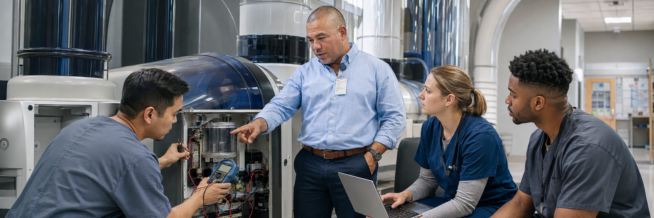 Infusion pump preventive maintenance and calibration | BiomedRx HTM services Biomedical technicians performing infusion pump preventive maintenance in an infusion suite