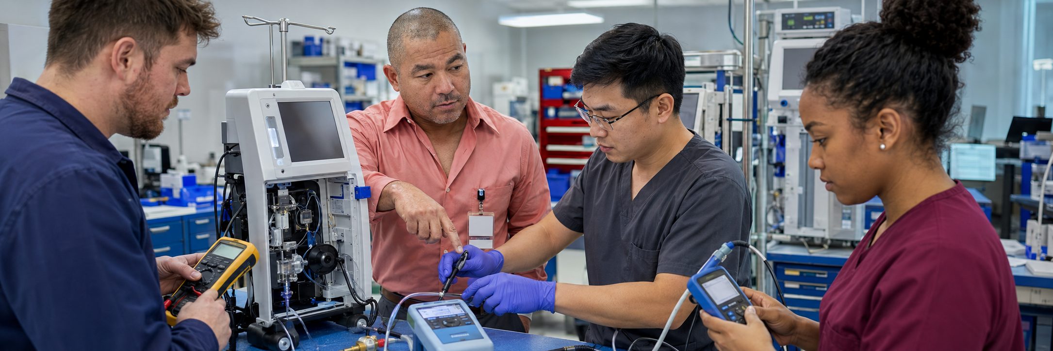 Infusion pump preventive maintenance and calibration | BiomedRx HTM services Biomedical technicians performing infusion pump preventive maintenance in an infusion suite