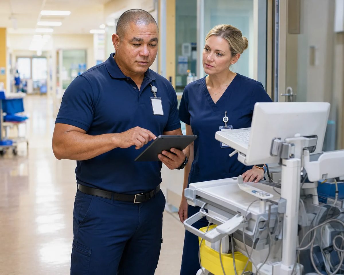 Biomedical equipment technician reviewing a tablet with a nurse beside a mobile clinical workstation in a hospital corridor